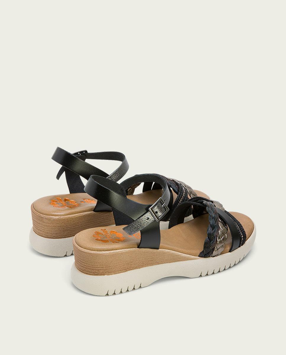 Porronet SANDALIA CUÑA PIEL NEGRO PLOMO ELENA