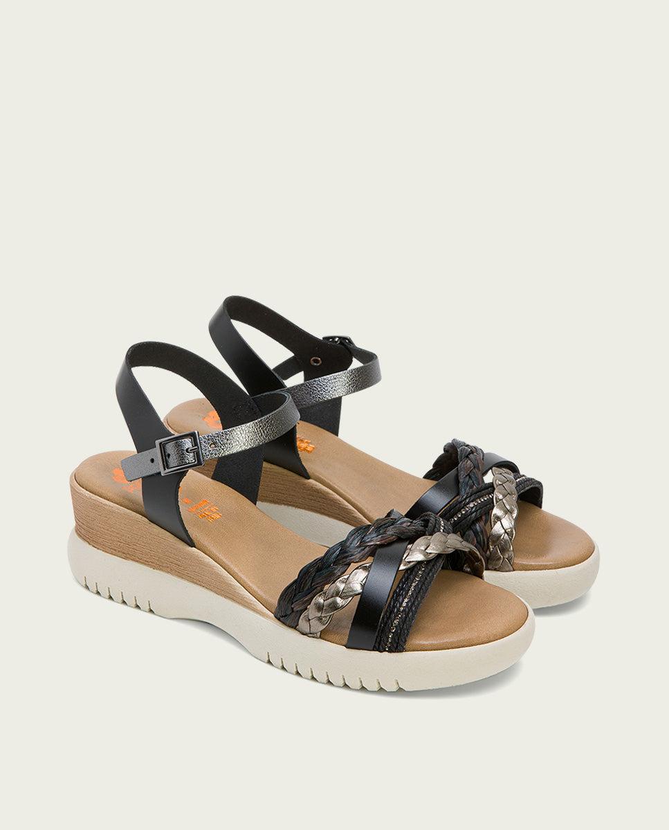 porronet SANDALIA CUÑA PIEL NEGRO PLOMO ELENA