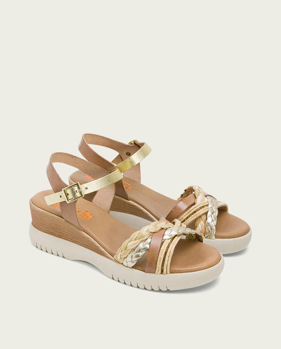 porronet SANDALIA CUÑA PIEL TAUPE PLATINO ELENA