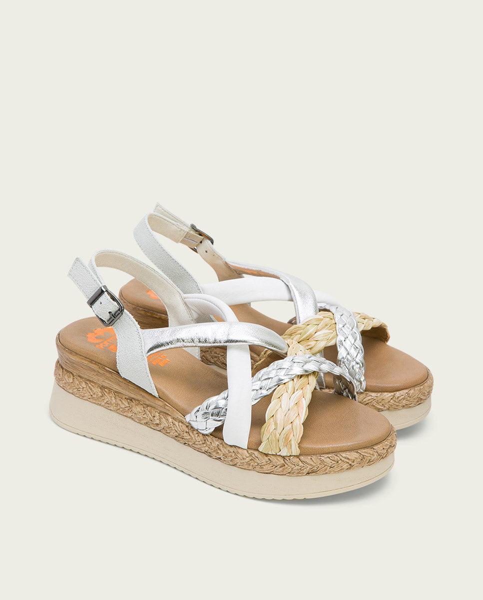 porronet SANDALIA PIEL CUÑA BLANCO PLATA FLAVIA