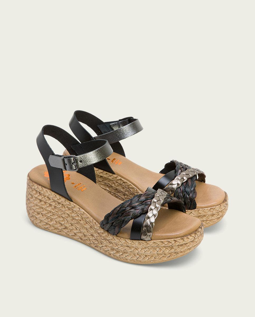 Porronet SANDALIA PIEL CUÑA NEGRO PLOMO GINA