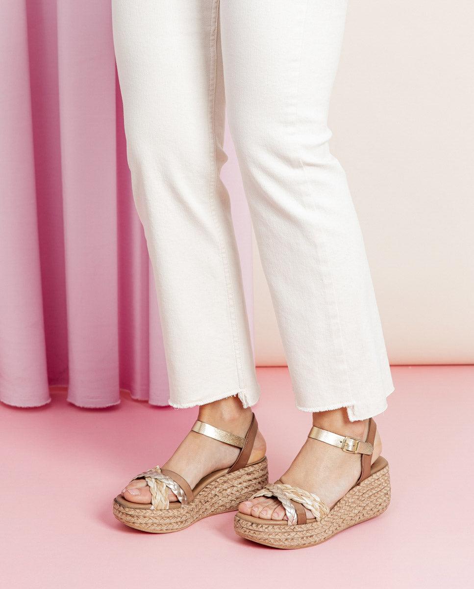 porronet SANDALIA PIEL CUÑA TAUPE PLATINO GINA