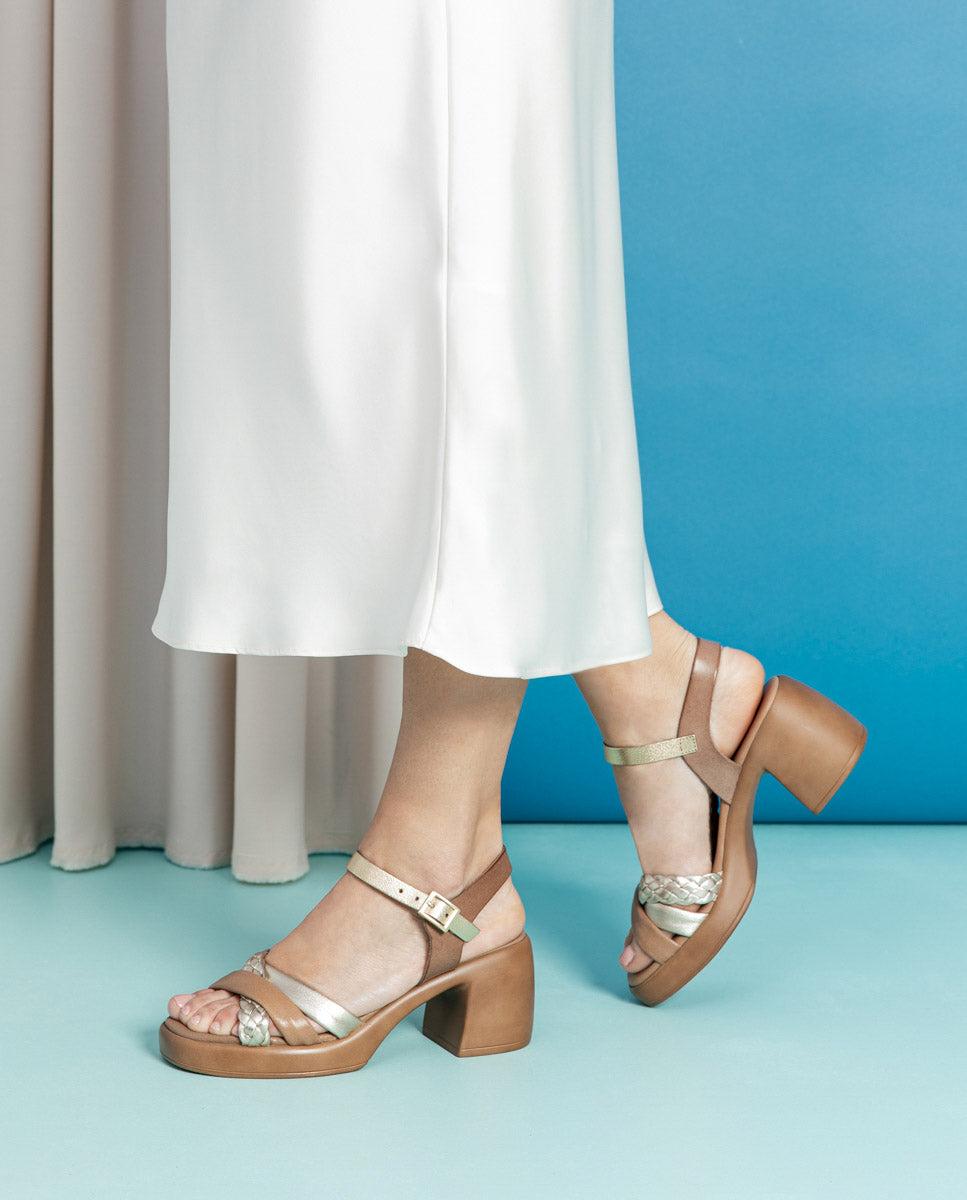 porronet SANDALIA TACON PIEL TAUPE PLATINO HALEY