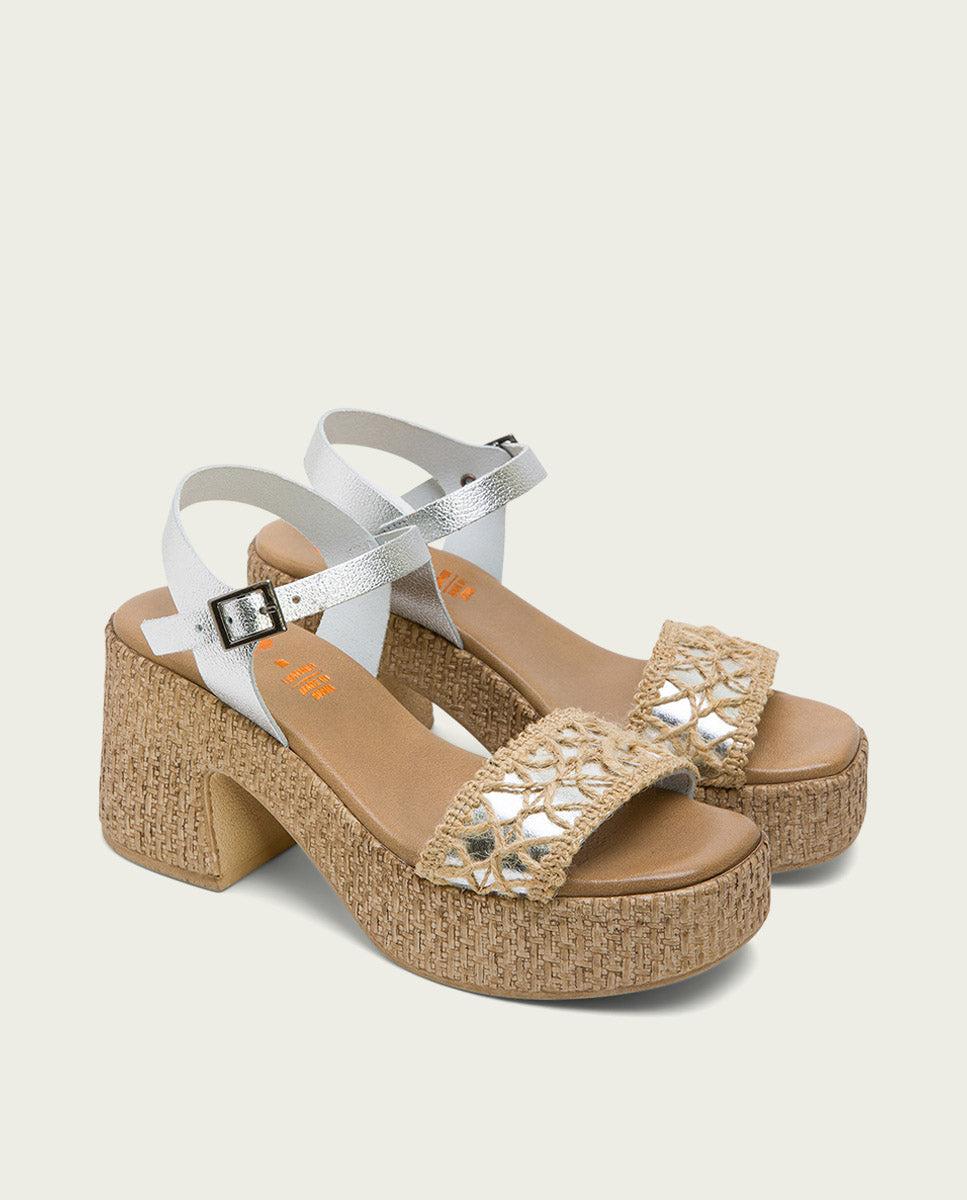 Porronet SANDALIA TACON PIEL Y TEXTIL PLATA JERI