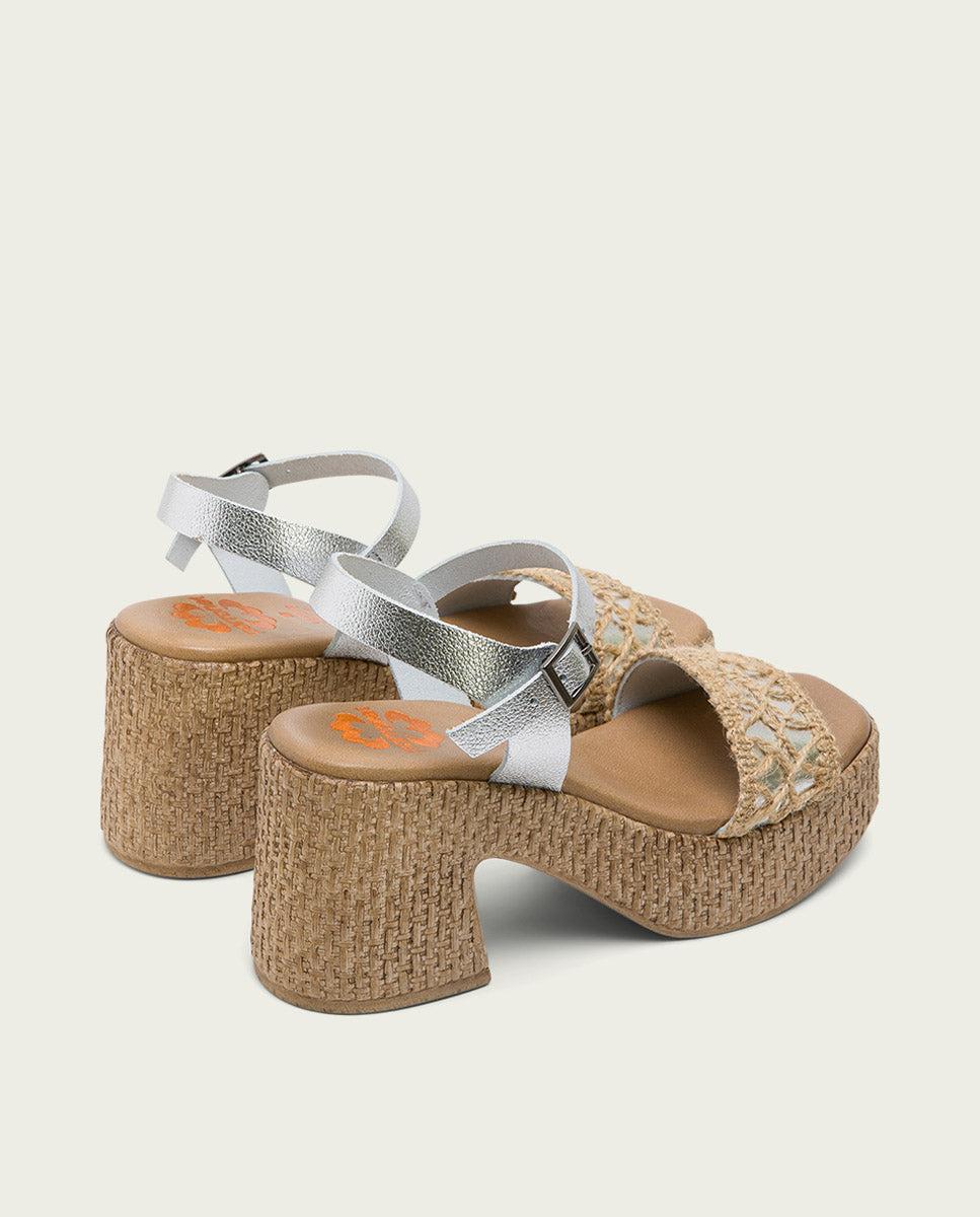 Porronet SANDALIA TACON PIEL Y TEXTIL PLATA JERI