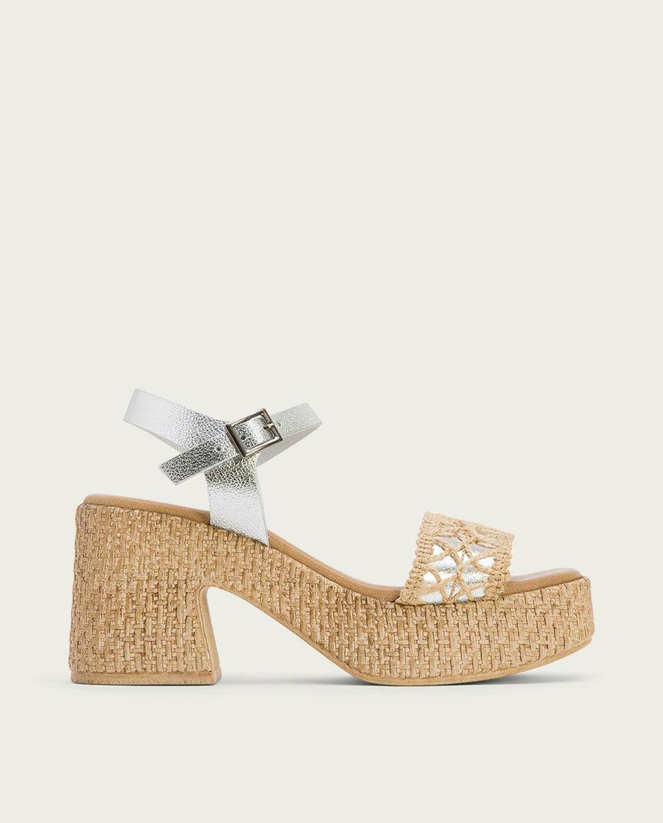 porronet SANDALIA TACON PIEL Y TEXTIL PLATA JERI