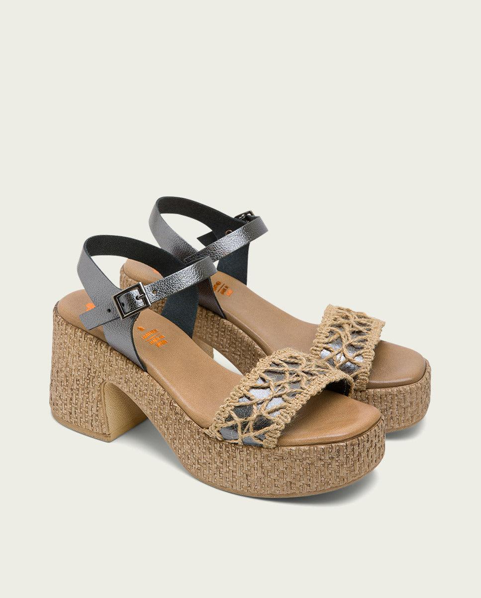 porronet SANDALIA TACON PIEL Y TEXTIL PLOMO JERI