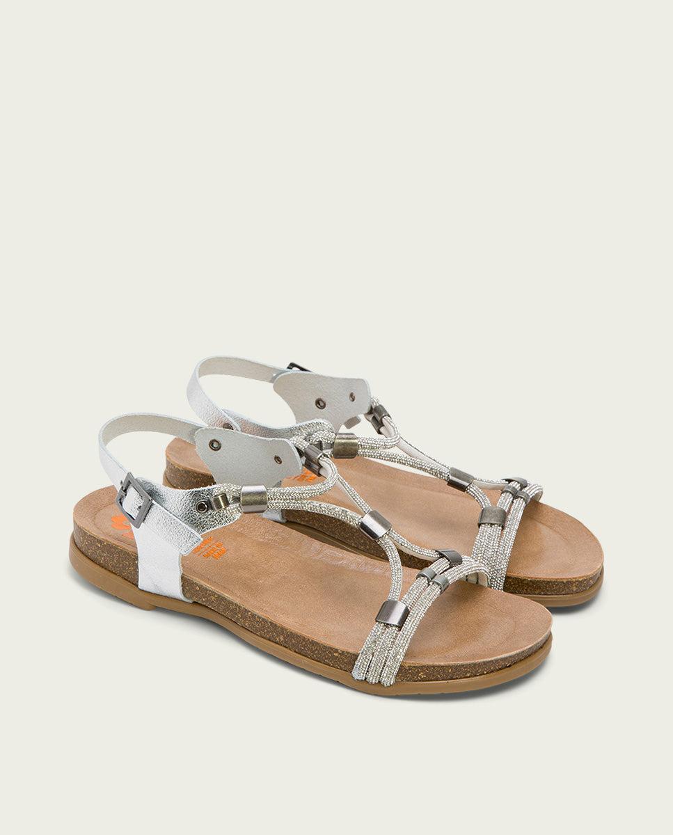 porronet SANDALIA BIO CON PALA DE BRILLANTES PIEL PLATA DEMI