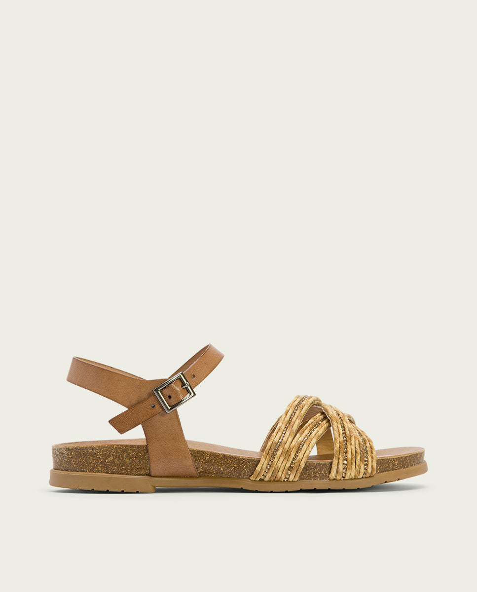 porronet SANDALIA BIO CON PALA TEXTIL TAUPE NATURAL PIEL DÁNAE