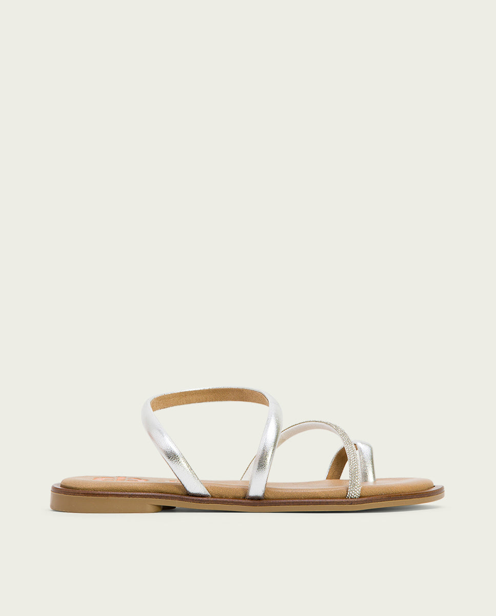 Porronet SANDALIA ESCLAVA PLANA CON BRILLANTES PIEL PLATA CAMILA