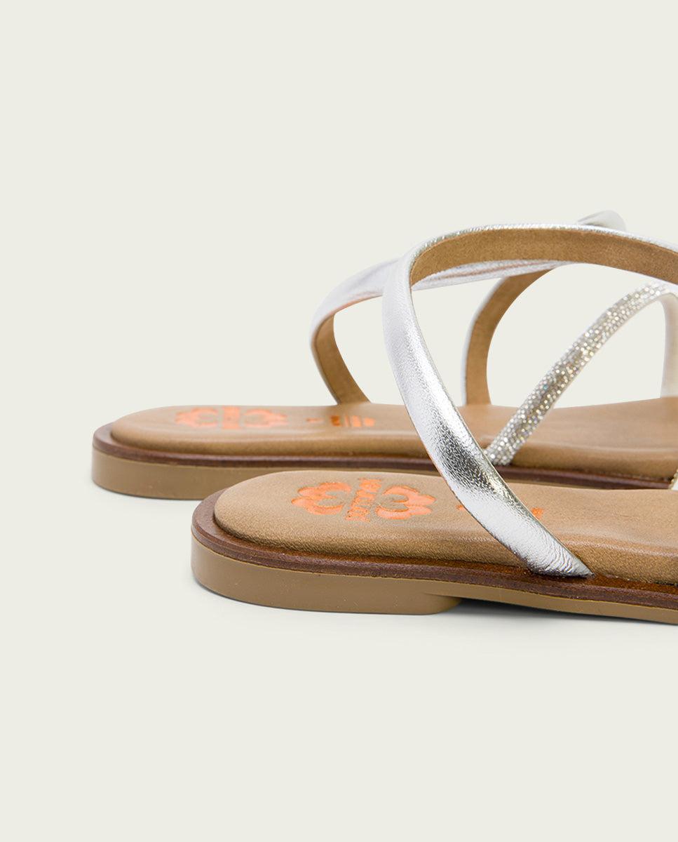 Porronet SANDALIA ESCLAVA PLANA CON BRILLANTES PIEL PLATA CAMILA