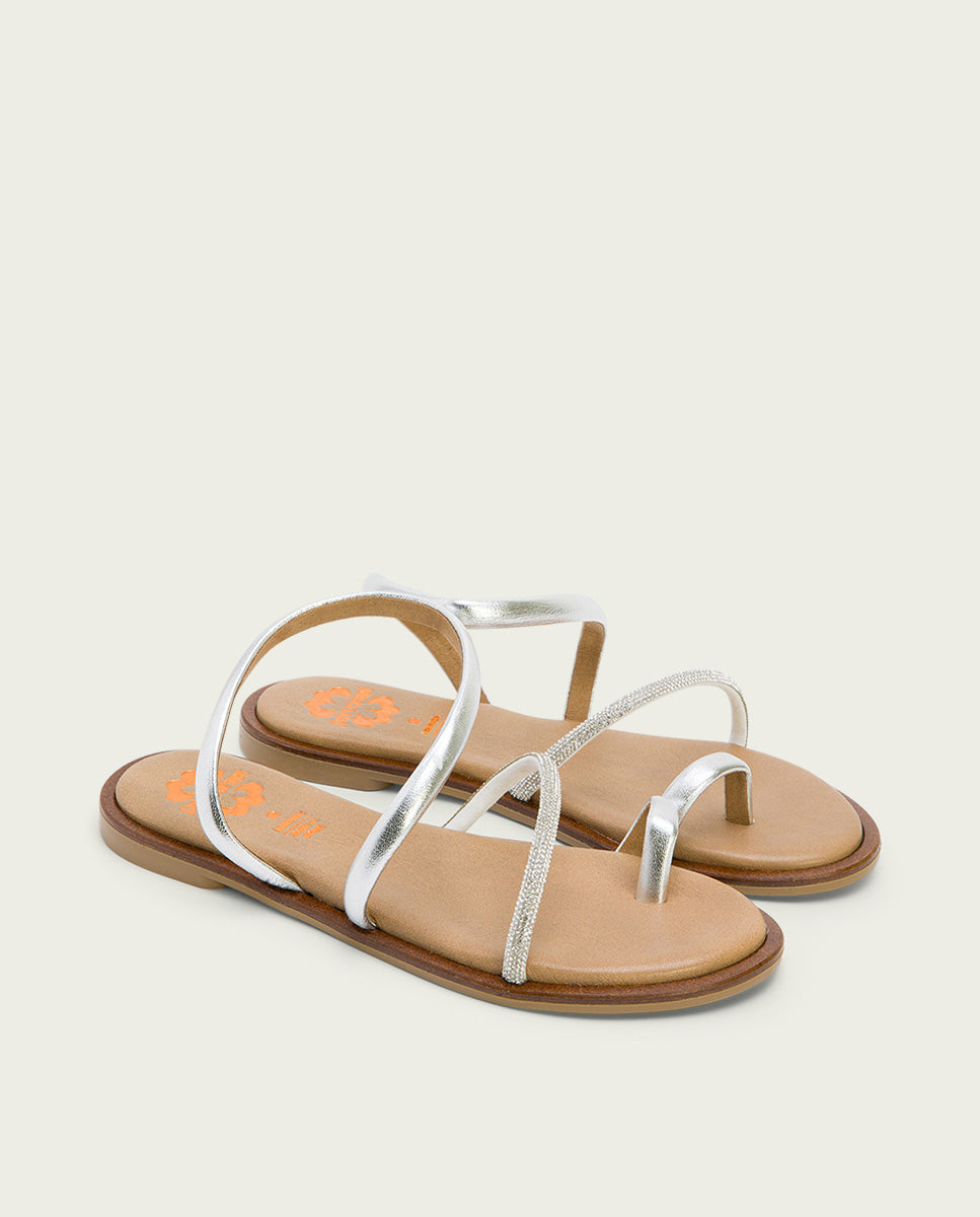 porronet SANDALIA ESCLAVA PLANA CON BRILLANTES PIEL PLATA CAMILA