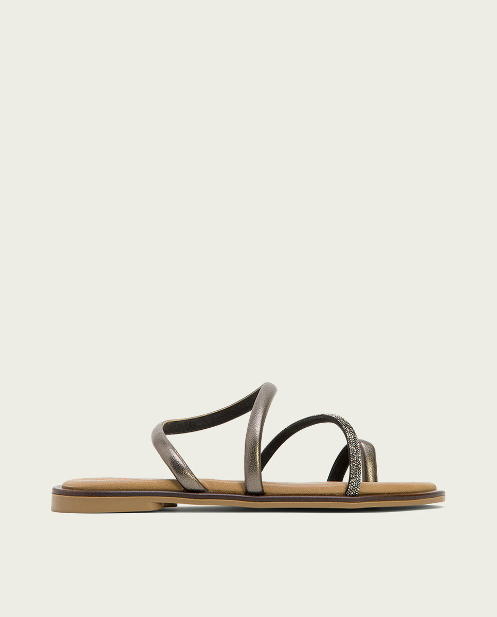 Porronet SANDALIA ESCLAVA PLANA CON BRILLANTES PIEL PLOMO CAMILA