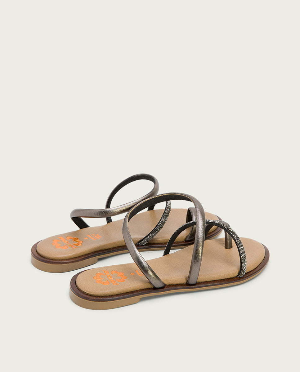 Porronet SANDALIA ESCLAVA PLANA CON BRILLANTES PIEL PLOMO CAMILA