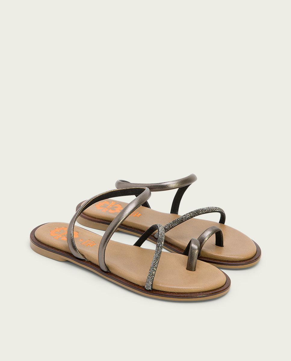 porronet SANDALIA ESCLAVA PLANA CON BRILLANTES PIEL PLOMO CAMILA