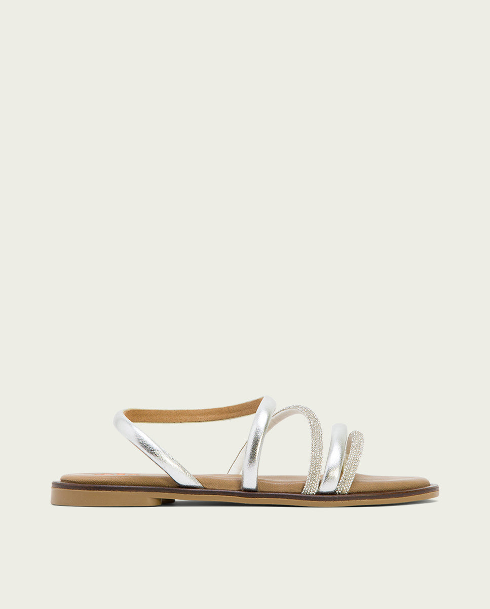 Porronet SANDALIA PLANA CON BRILLANTES PIEL PLATA CARA