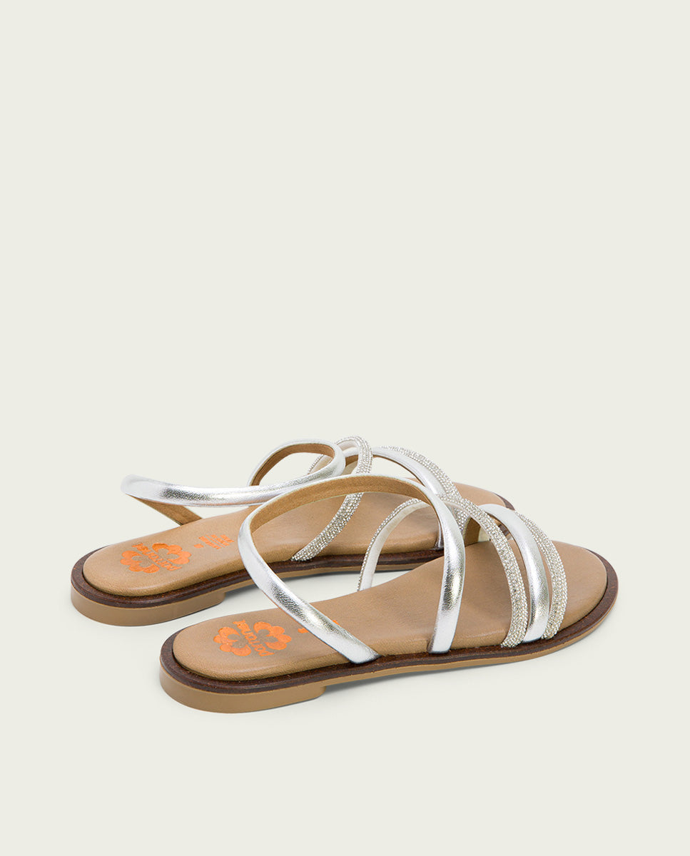 Porronet SANDALIA PLANA CON BRILLANTES PIEL PLATA CARA