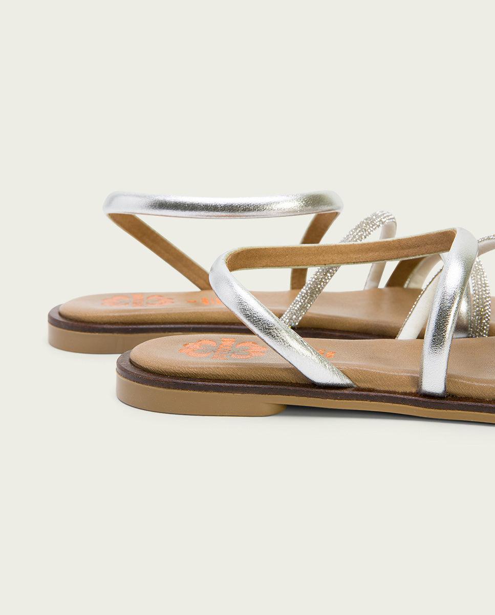 Porronet SANDALIA PLANA CON BRILLANTES PIEL PLATA CARA