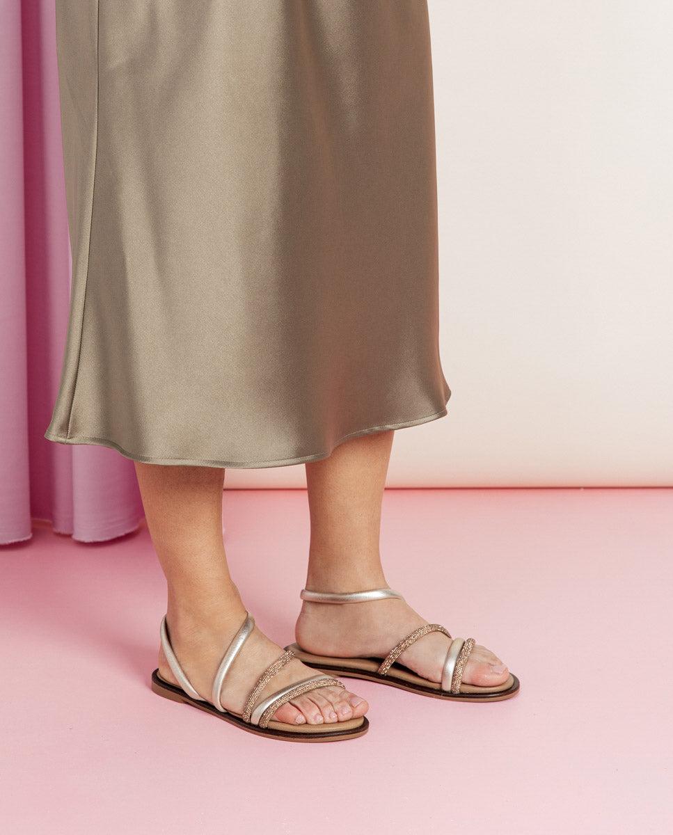 porronet SANDALIA PLANA CON BRILLANTES PIEL PLATINO CARA