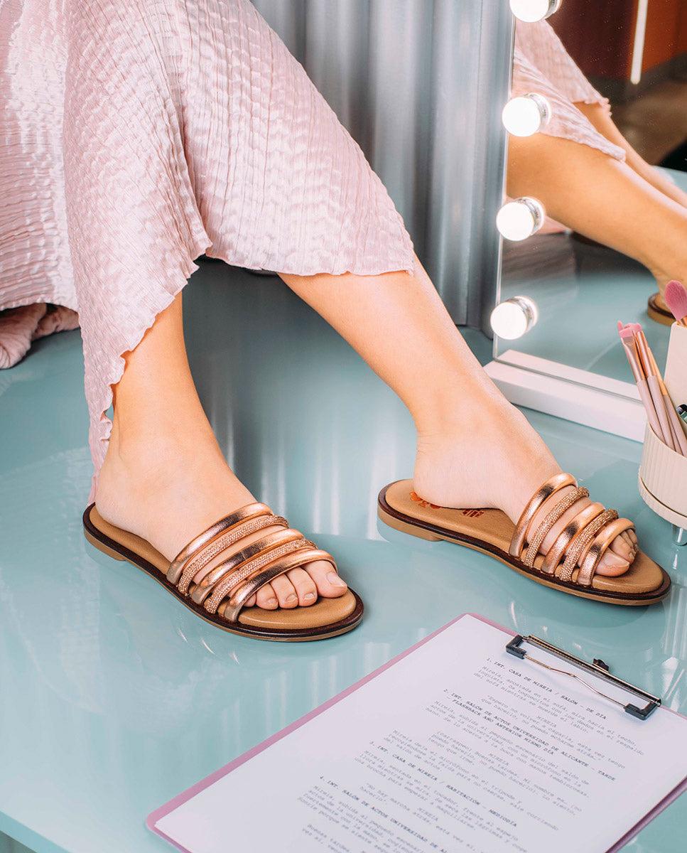 porronet SANDALIA PLANA CON BRILLANTES PIEL ROSE CLEO