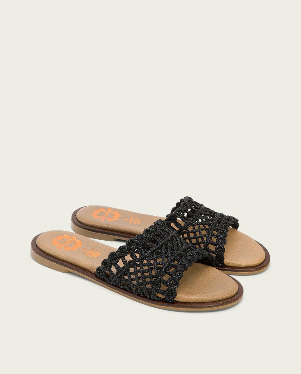 Porronet SANDALIA PLANA CON PALA TEXTIL PIEL NEGRA CORA