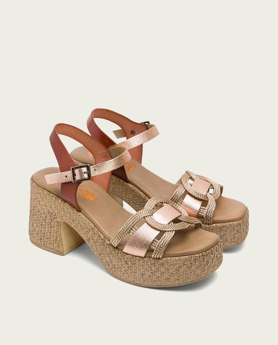 porronet SANDALIA TACON PIEL Y TEXTIL CUERO ROSE JANA