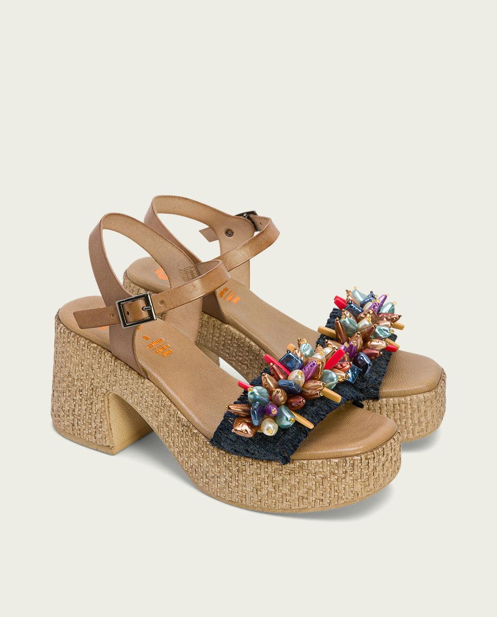 Porronet SANDALIA TACON PIEL Y TEXTIL NATURAL AZUL JILLIAN