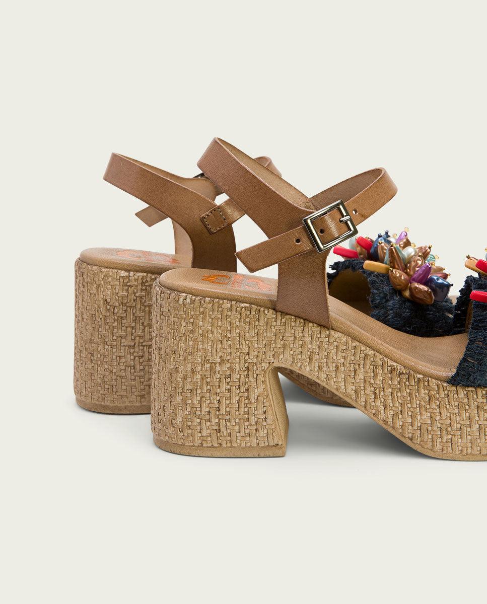 Porronet SANDALIA TACON PIEL Y TEXTIL NATURAL AZUL JILLIAN