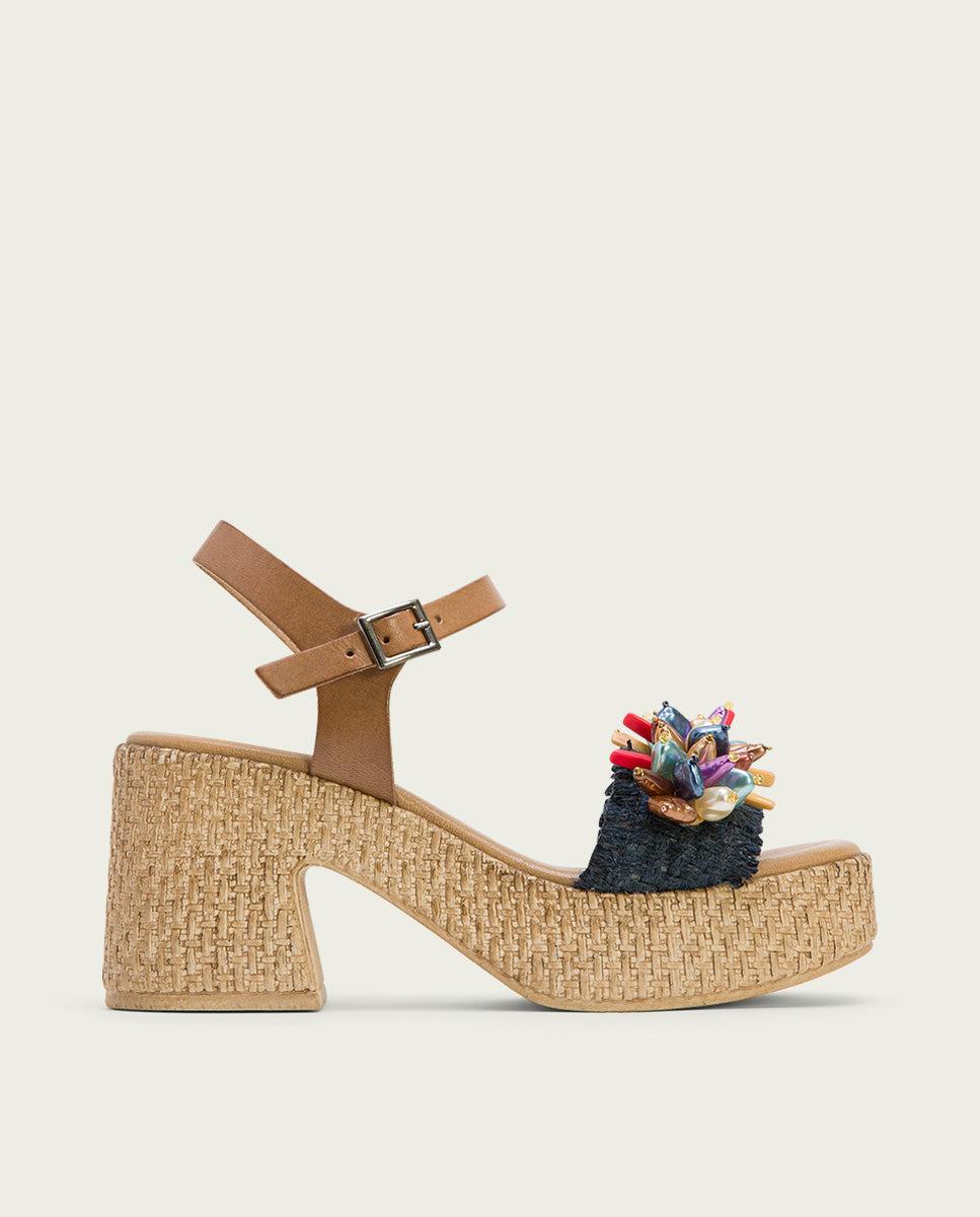 porronet SANDALIA TACON PIEL Y TEXTIL NATURAL AZUL JILLIAN