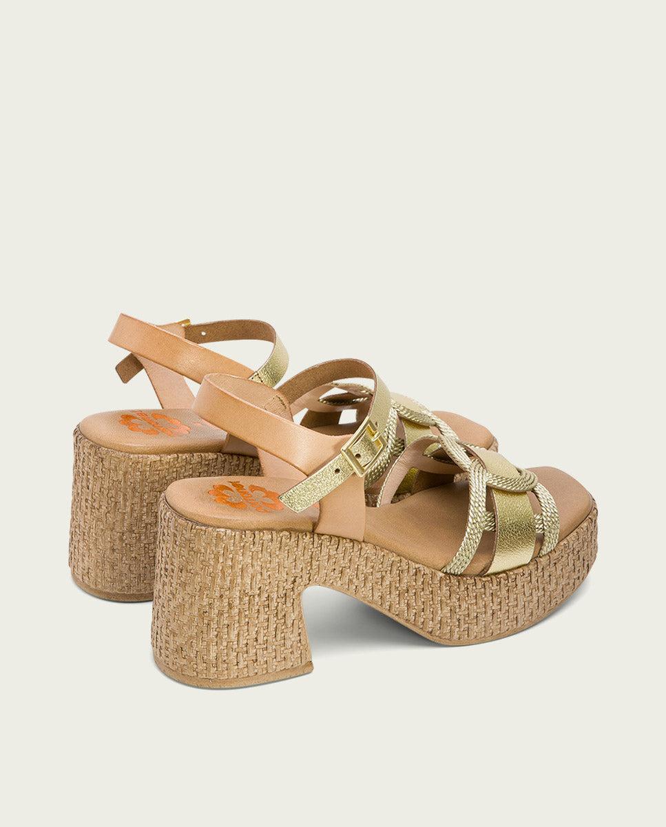 Porronet SANDALIA TACON PIEL Y TEXTIL NATURAL PLATINO JANA