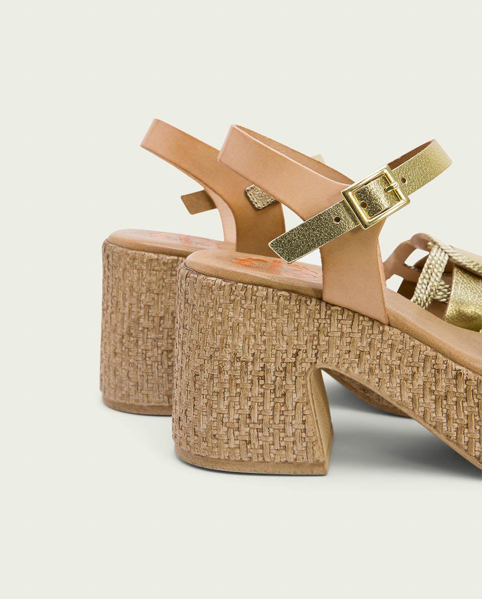 Porronet SANDALIA TACON PIEL Y TEXTIL NATURAL PLATINO JANA