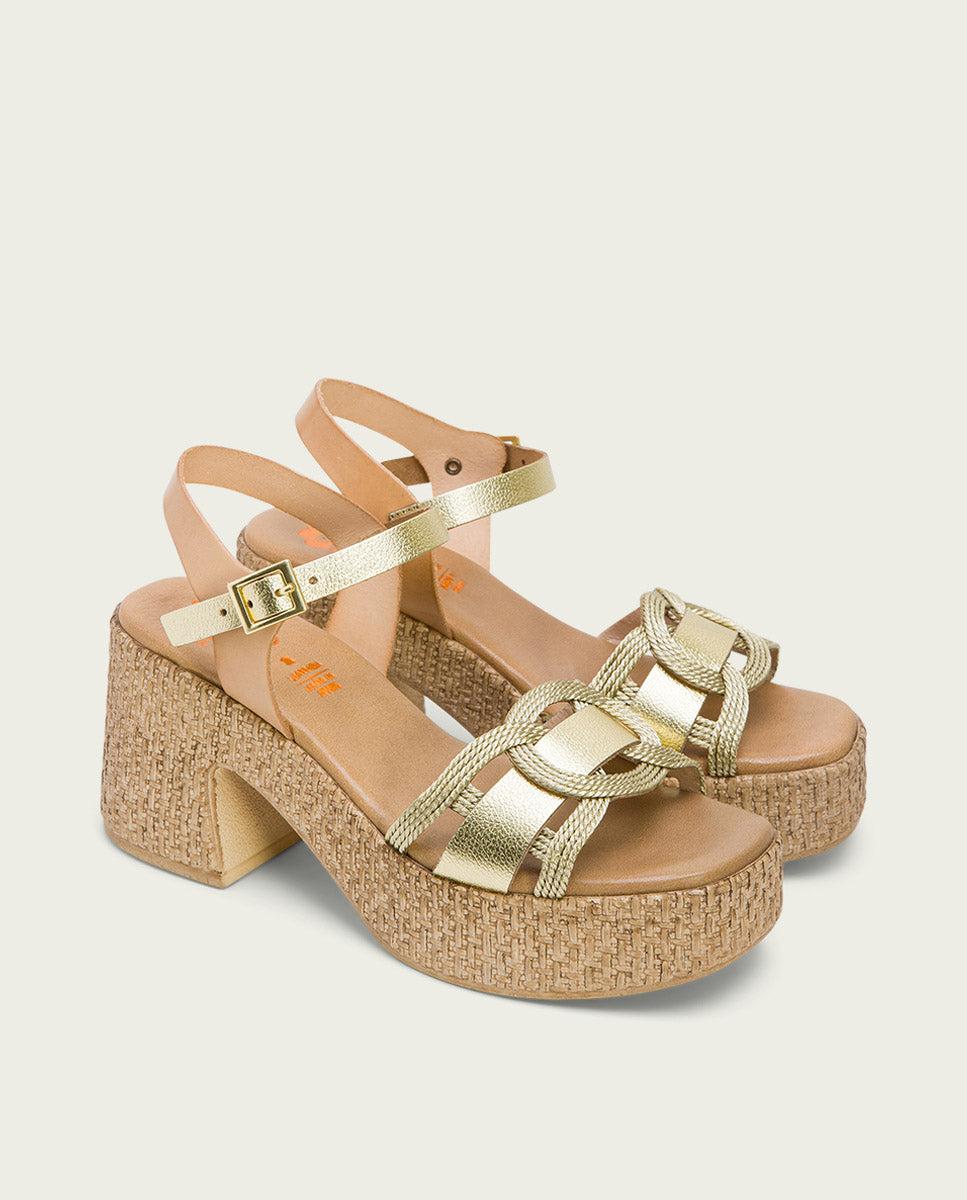 porronet SANDALIA TACON PIEL Y TEXTIL NATURAL PLATINO JANA