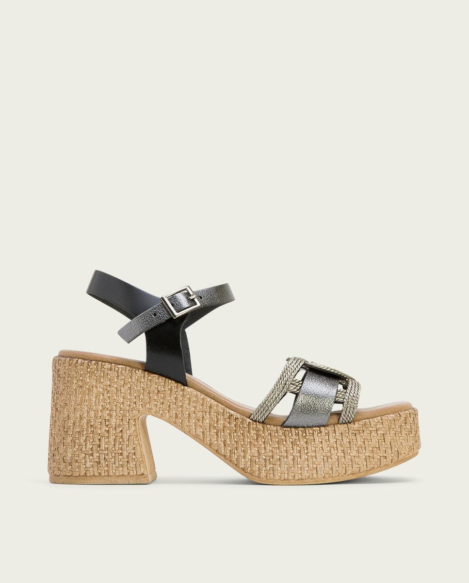 Porronet SANDALIA TACON PIEL Y TEXTIL NEGRO PLOMO JANA