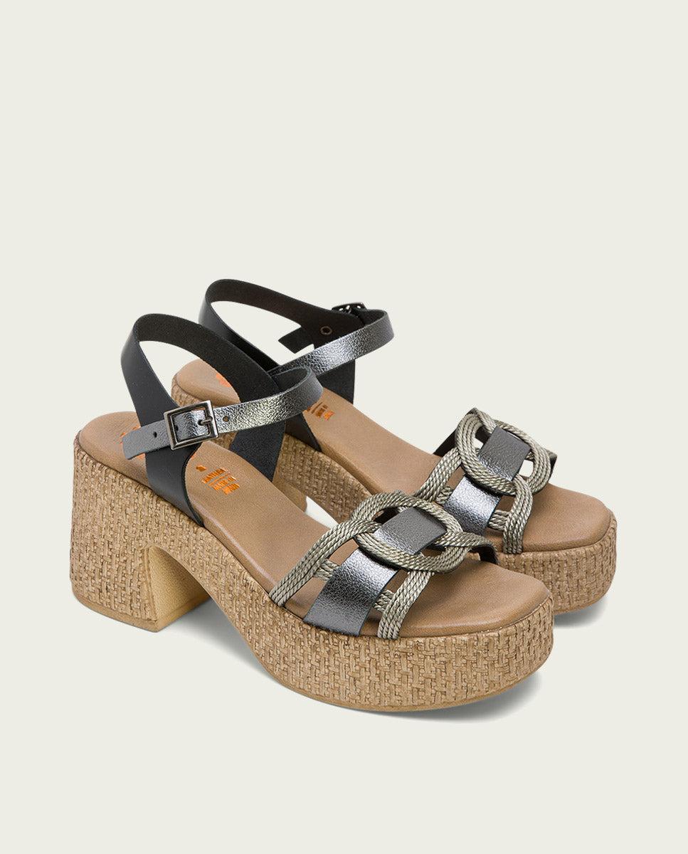 Porronet SANDALIA TACON PIEL Y TEXTIL NEGRO PLOMO JANA