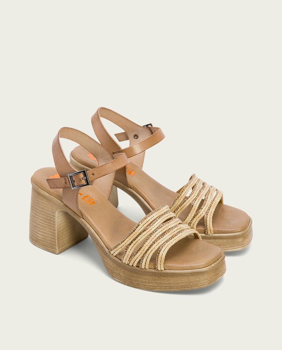 Porronet SANDALIA TACON PIEL Y TEXTIL TAUPE NATURAL ILKA