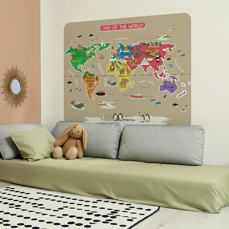 printodecor Cabecero de cama de vinilo Infantil Mapa del mundo colorido