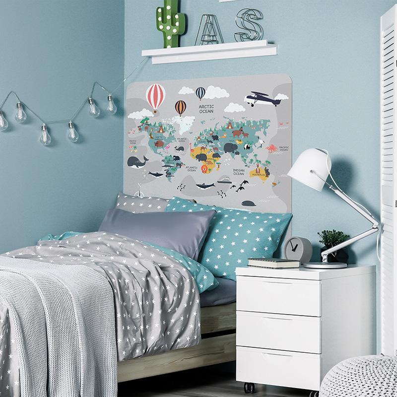 printodecor Cabecero de cama de vinilo Infantil Mapa del mundo gris