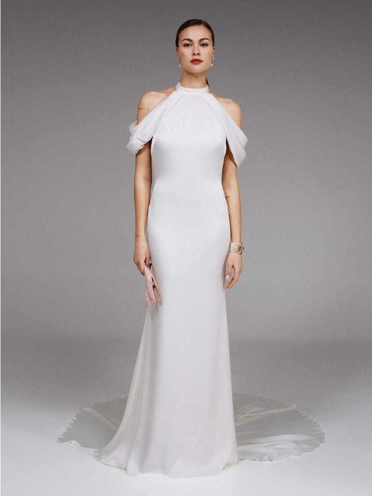 pronovias ELVINIA | Vestido de novia recto con cuello cisne | Marchesa for Pronovias