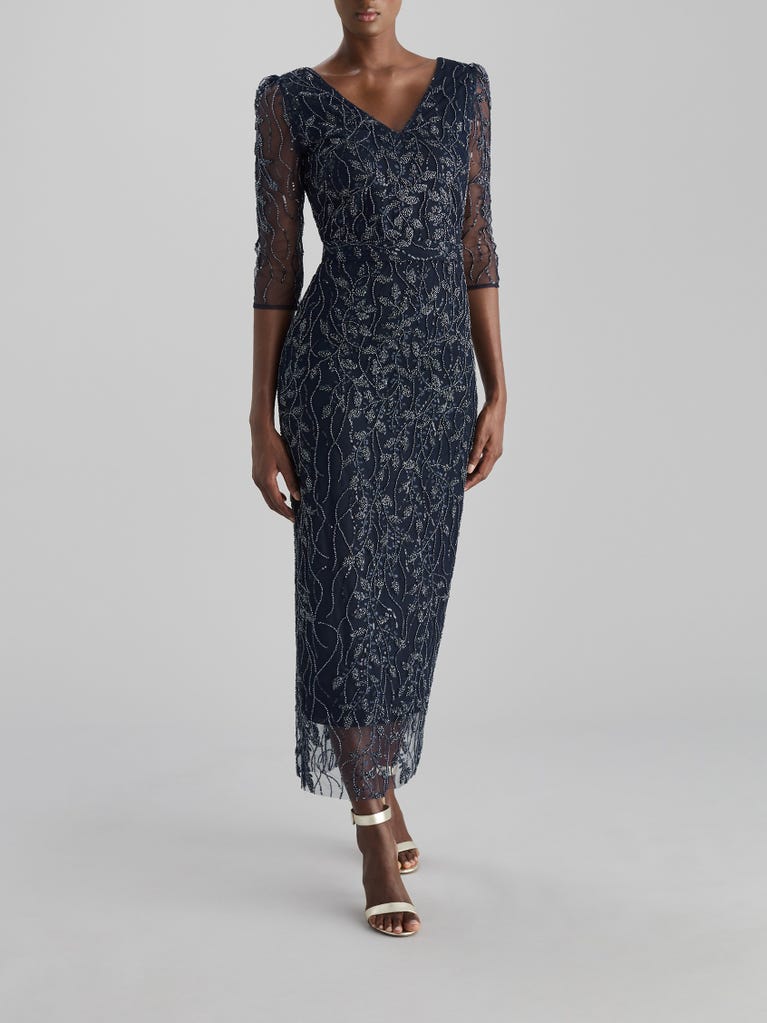 pronovias SPARKLE 2334 | Vestido de fiesta recto con escote de pico | The Party Edit by Pronovias