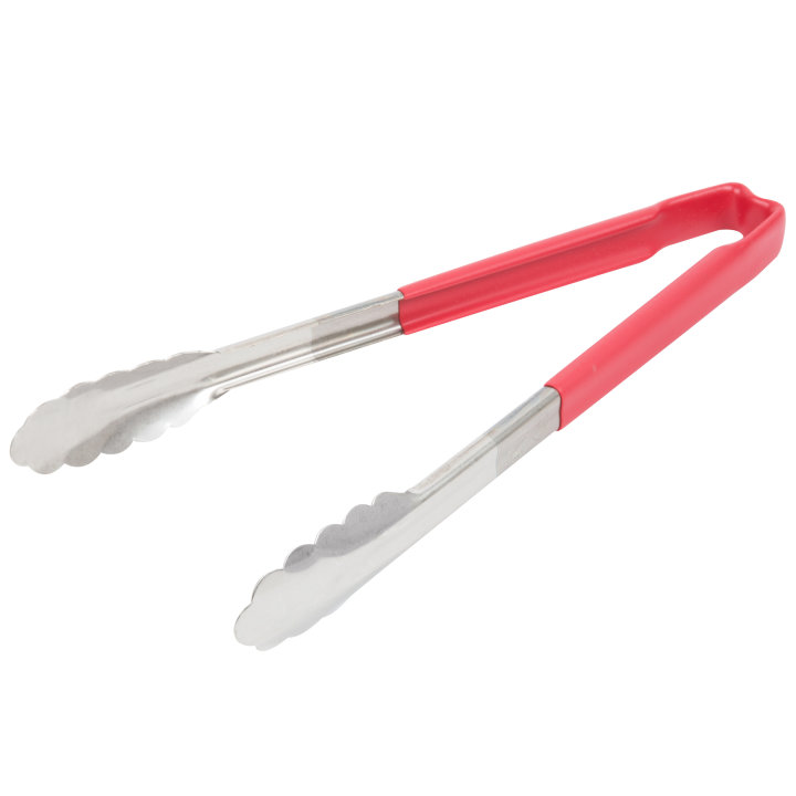pujadas 12-inch stainless steel one-piece scalloped tongs with red Kool-Touch® handle