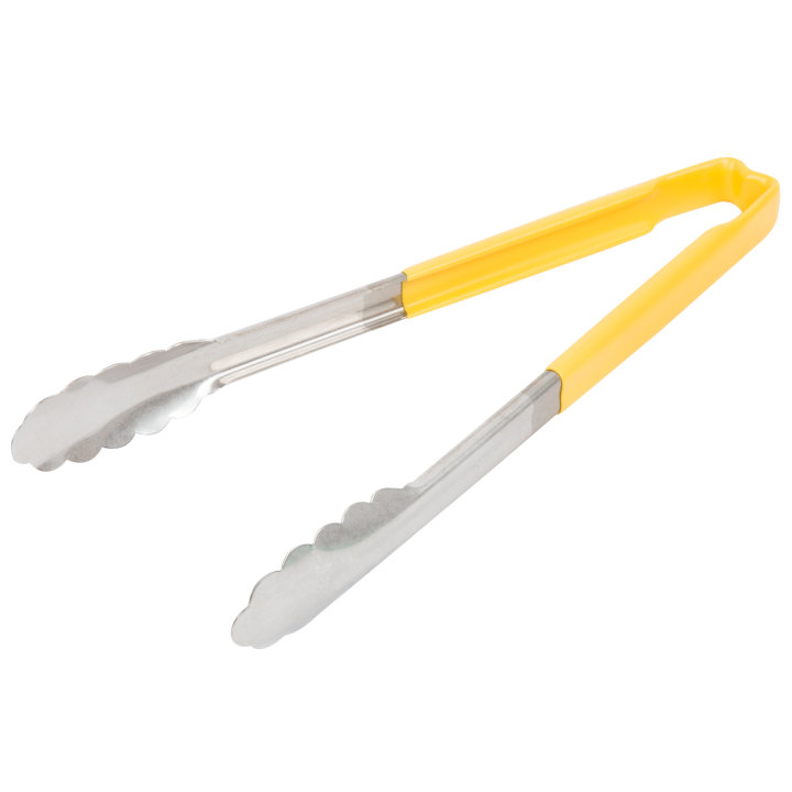 pujadas 12-inch stainless steel one-piece scalloped tongs with yellow Kool-Touch® handle