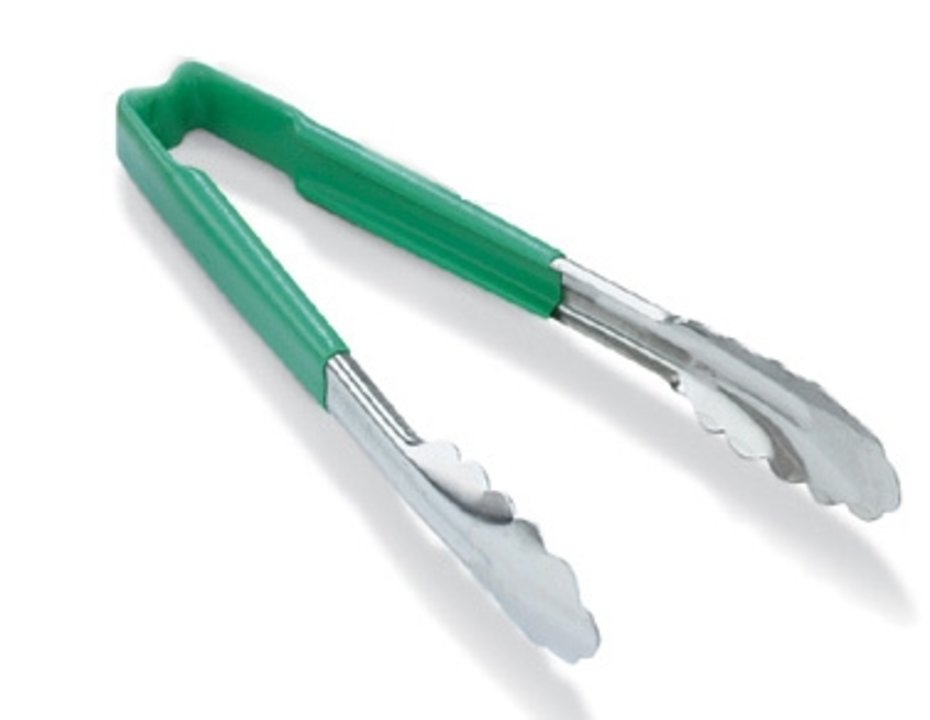 pujadas 12-inch stainless steel one-piece scalloped tongs with green Kool-Touch® handle