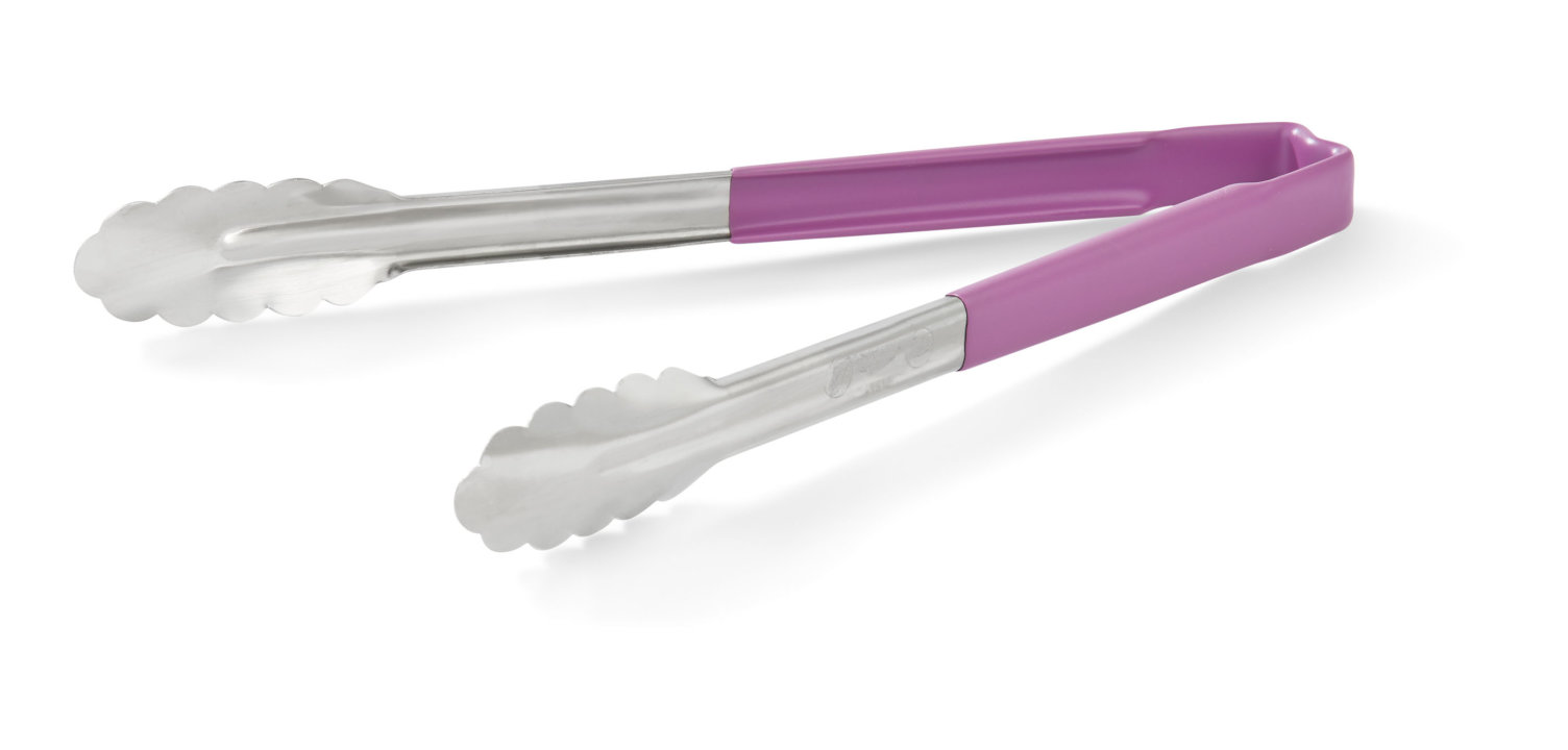 pujadas 12-inch stainless steel one-piece scalloped tongs with purple Kool-Touch® handle