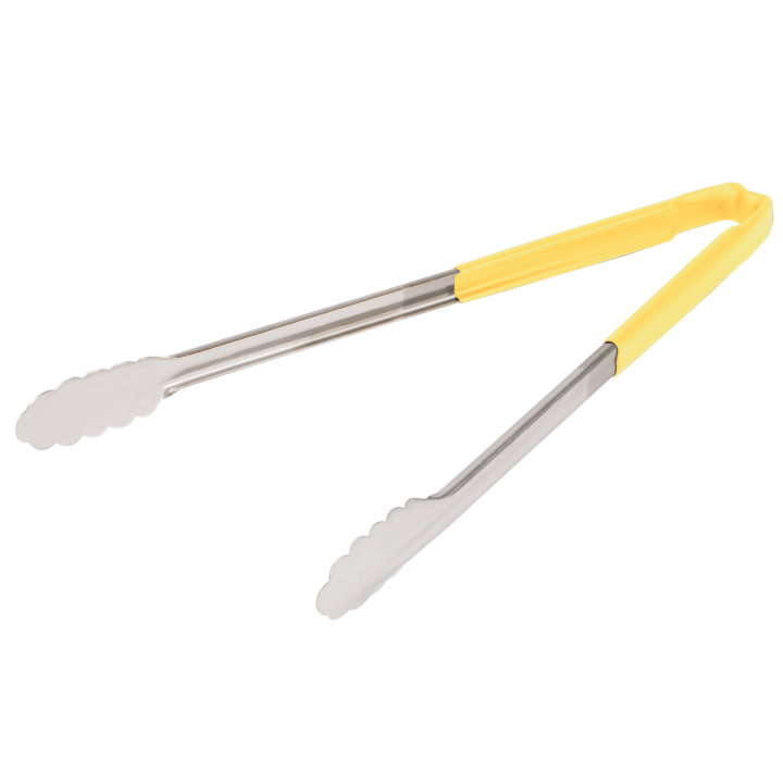 pujadas 16-inch stainless steel one-piece scalloped tongs with yellow Kool-Touch® handle