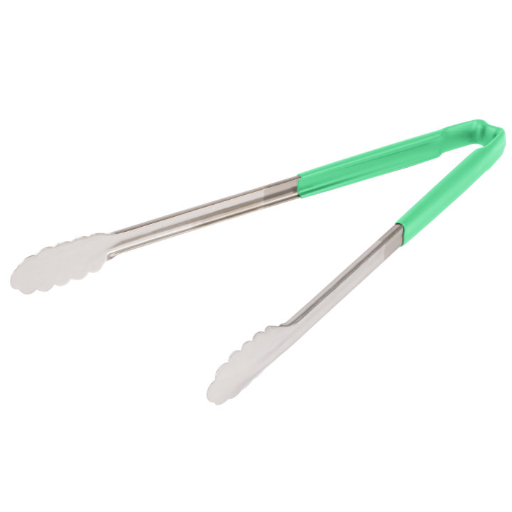 pujadas 16-inch stainless steel one-piece scalloped tongs with green Kool-Touch® handle