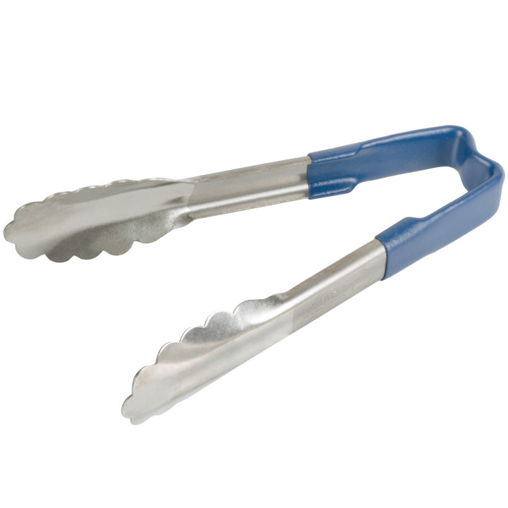 pujadas 6-inch stainless steel one-piece scalloped tongs with blue Kool-Touch® handle