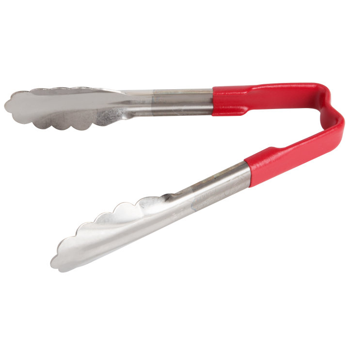 pujadas 6-inch stainless steel one-piece scalloped tongs with red Kool-Touch® handle