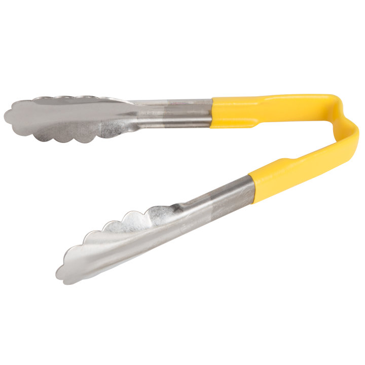pujadas 6-inch stainless steel one-piece scalloped tongs with yellow Kool-Touch® handle