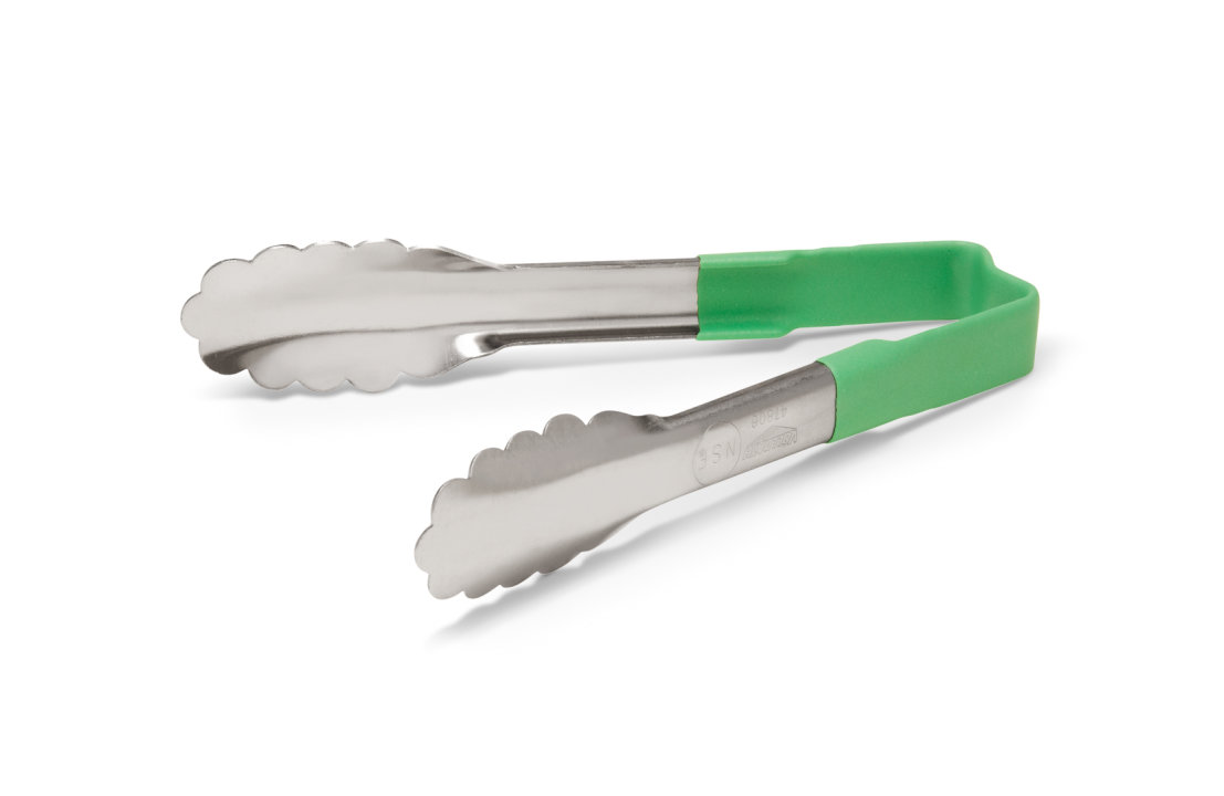 pujadas 6-inch stainless steel one-piece scalloped tongs with green Kool-Touch® handle
