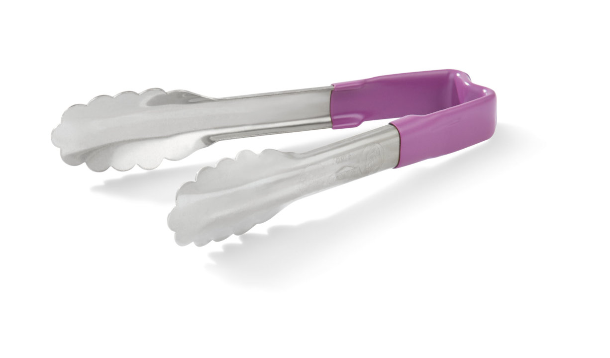 pujadas 6-inch stainless steel one-piece scalloped tongs with purple Kool-Touch® handle